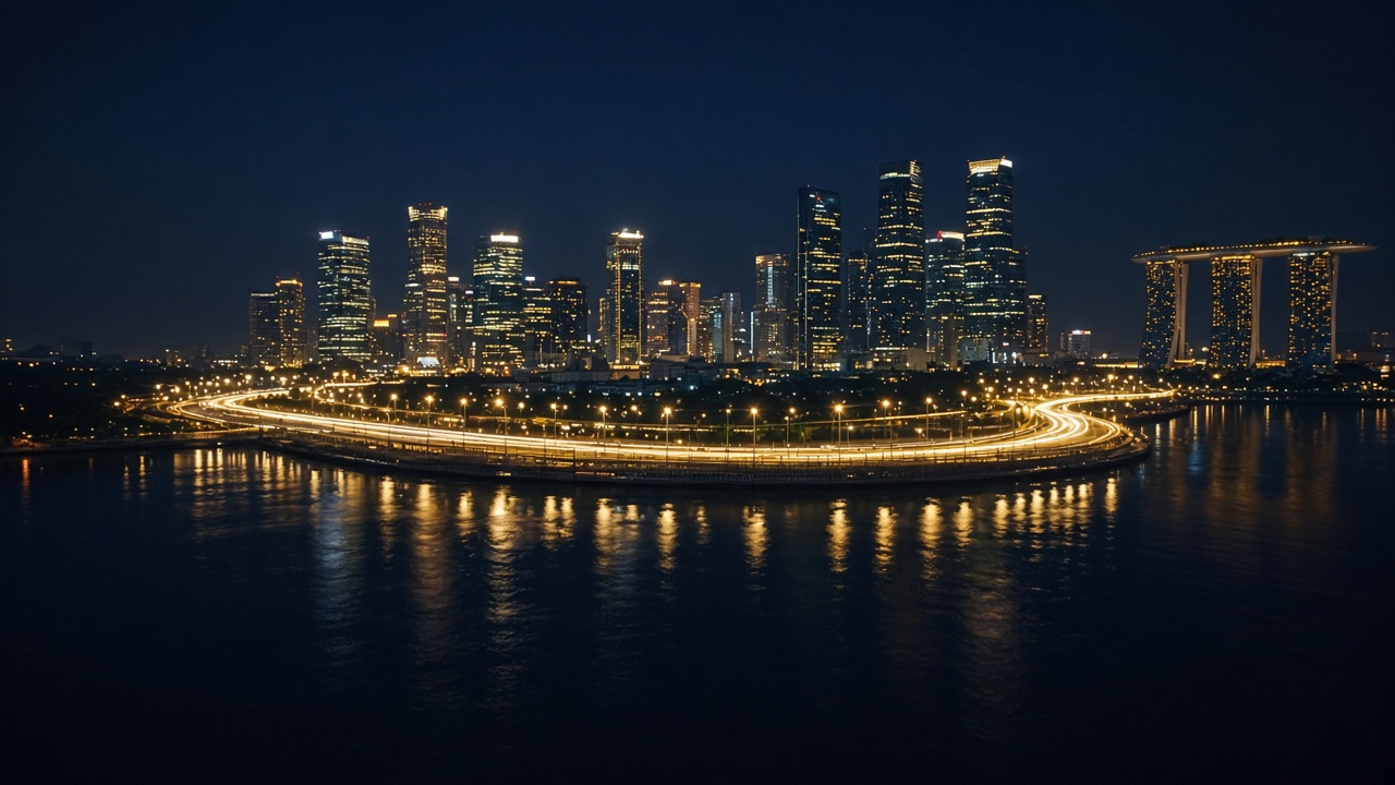 Floodlights and light trails along the water at Marina Bay at night